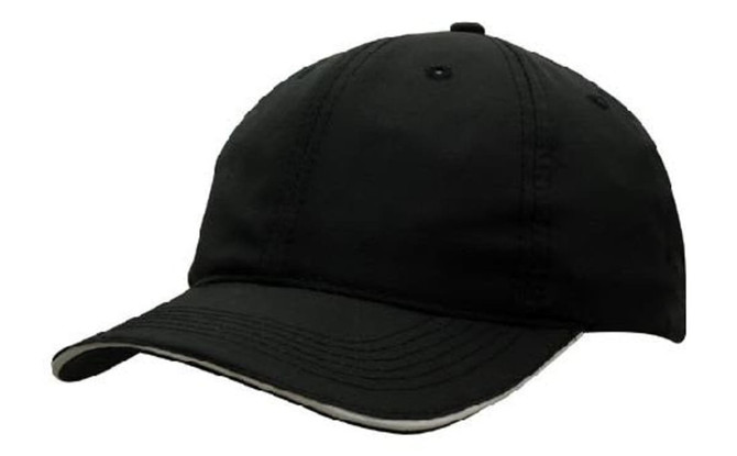 A black cap with a curved brim and a contrasting trim, featuring an adjustable strap at the back.