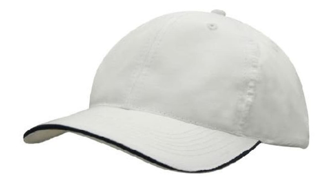 A white cap with a contrasting navy trim and curved brim, featuring a logo on the front.