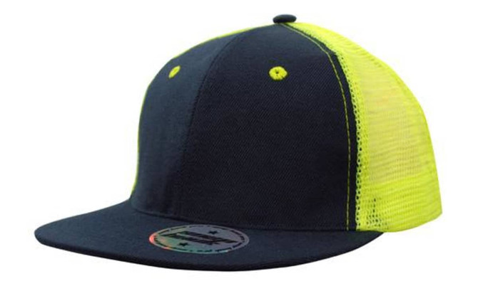 A snapback cap featuring a navy blue front with a vibrant yellow mesh back and a circular logo patch.