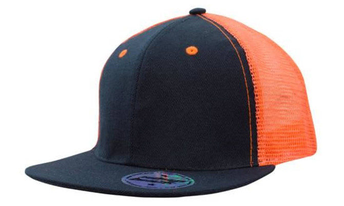 A premium black and orange cap featuring a mesh back and snapback styling, complete with a logo.