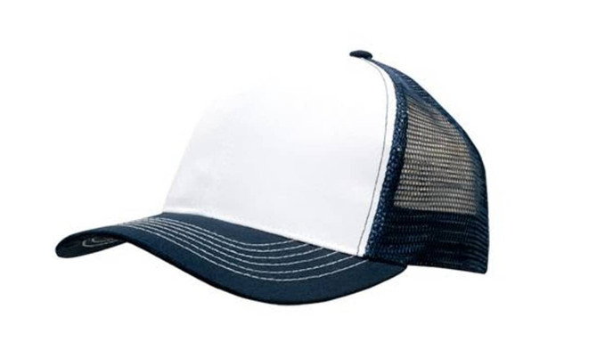 A breathable poly twill cap featuring a white front panel and navy mesh back. Includes a logo on the front.