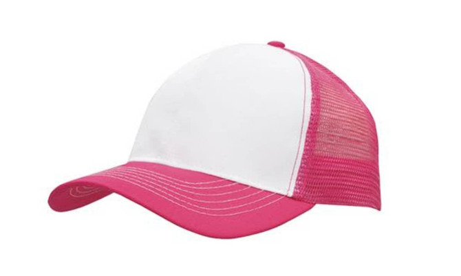 A pink and white cap featuring a breathable poly twill front and a mesh back, with a curved brim and a logo.