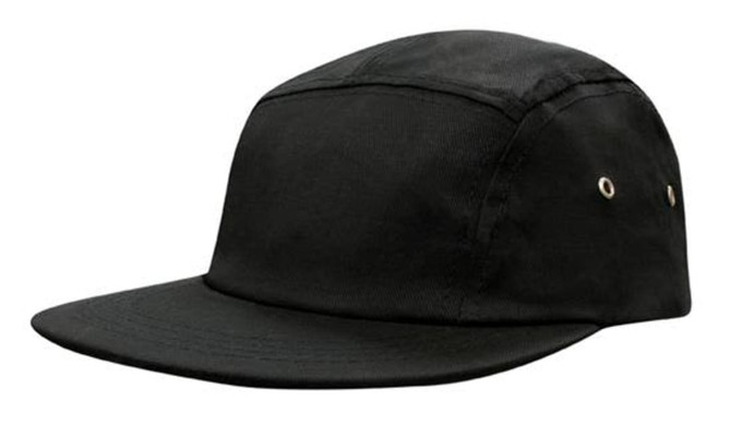 A black cotton twill square front cap featuring a flat brim and side ventilation eyelets.