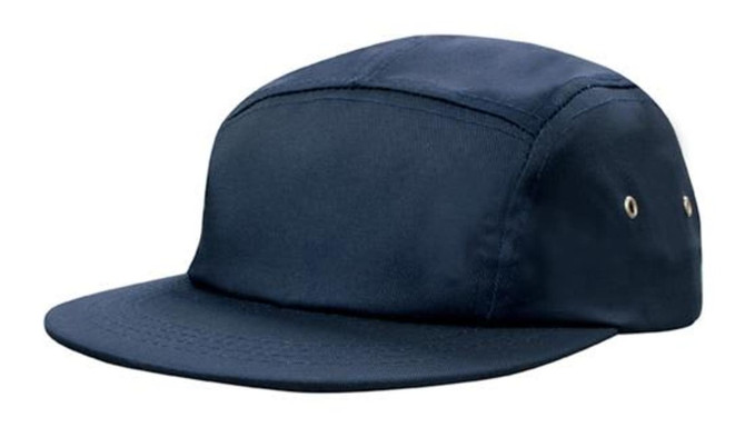 A navy blue cotton twill cap with a square front and side ventilation holes. It features a logo on the side.