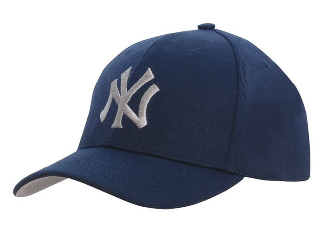 A navy blue cap with a white logo and a contrast peak under the brim. It has a curved visor and six panels.