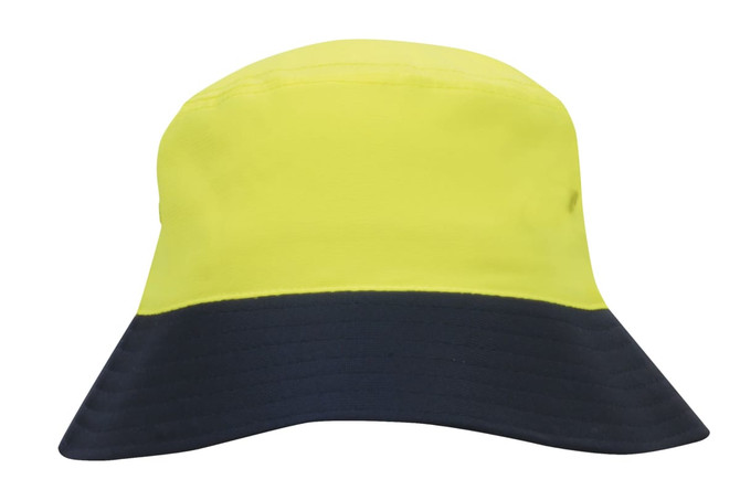 A luminescent safety bucket hat in bright yellow with a navy blue brim. Features branding on the hat.