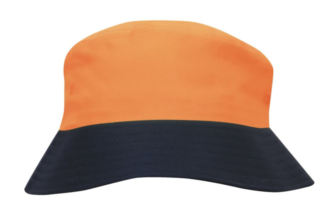 A luminescent safety bucket hat in bright orange and navy blue, featuring a branded logo.