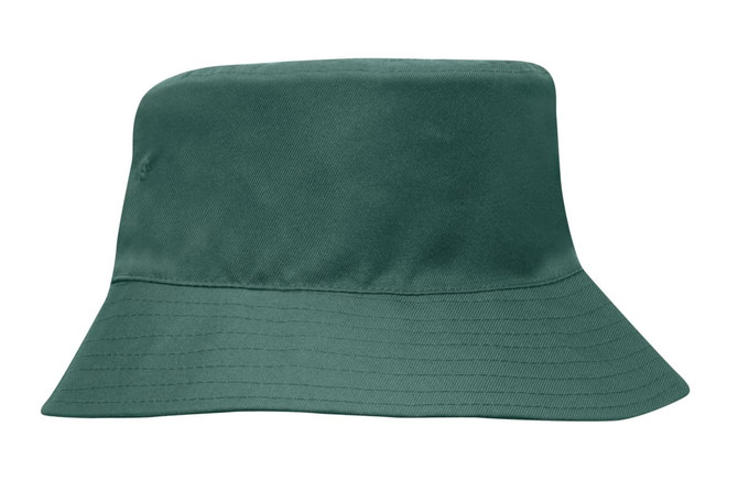 A green breathable poly twill child's bucket hat with a wide brim and a simple design. It features a logo.