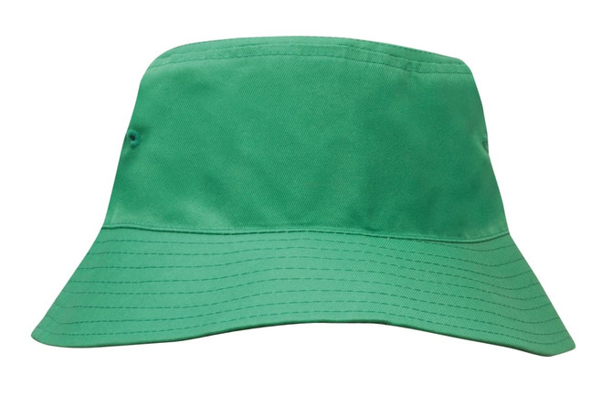 A green breathable poly twill child's bucket hat with a wide brim and a logo on the side.