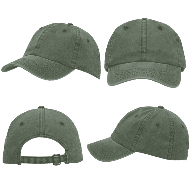 A green enzyme washed pigment dyed cotton twill cap with a curved brim and adjustable strap at the back.