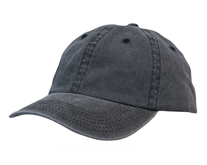 A dark grey enzyme washed pigment dyed cotton twill cap with a curved brim and stitching details.