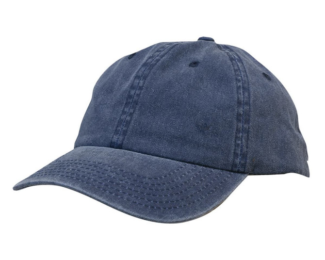 A navy blue pigment dyed cotton twill cap with a curved brim and a logo on the front.