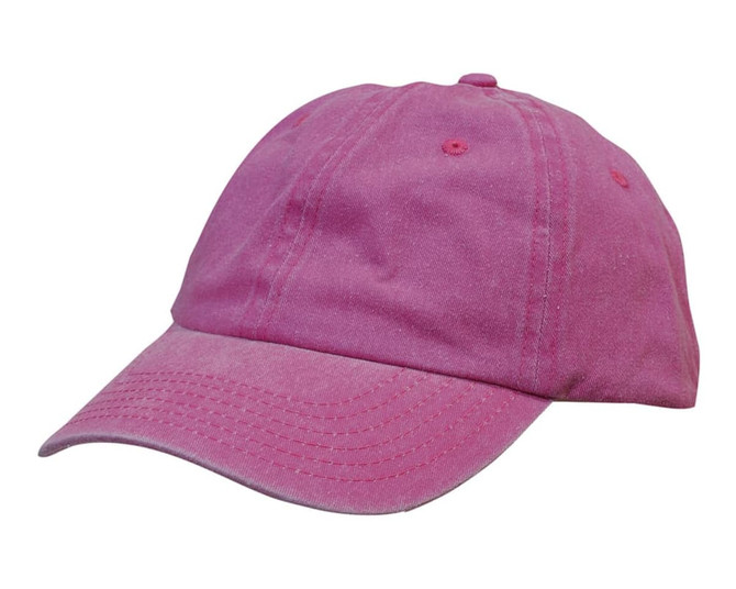 A pink enzyme washed pigment dyed cotton twill cap with a curved brim and an adjustable strap at the back.