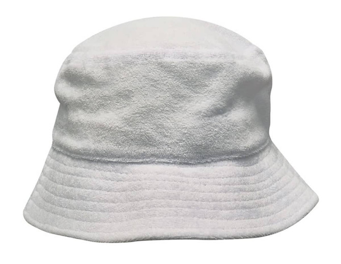 A white terry towelling bucket hat with a soft texture and a small logo.
