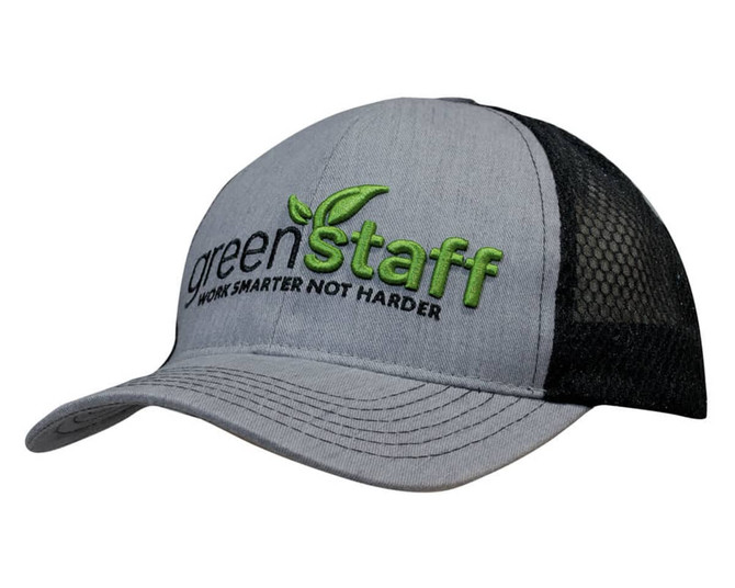 A grey cap with a black mesh back featuring a logo. The front has green text with the words "greenstaff."