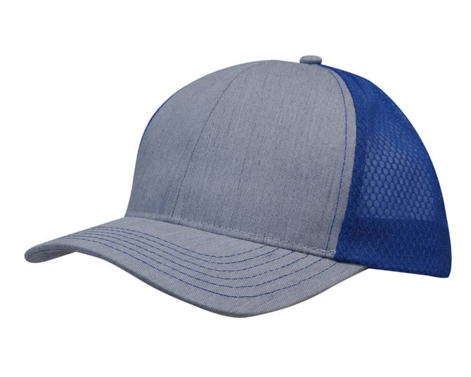 A cap featuring a light brushed poly cotton marle front in grey and a honeycomb mesh back in blue.