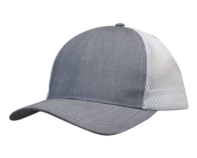 A grey cap featuring a honeycomb mesh design on the sides and back. The front is made from a light brushed poly cotton.