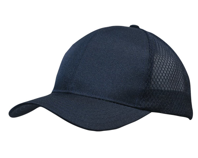 A navy cap featuring breathable poly twill with honeycomb mesh panels and a curved brim. It has a logo on the side.