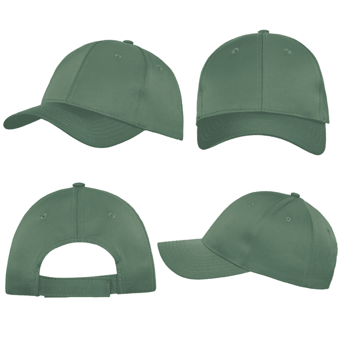 A premium sports cap in a muted green colour, displayed from multiple angles. Features a logo on the front.