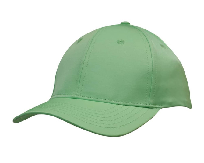 A green cap with a curved brim and a logo on the front. The fabric appears smooth and lightweight.