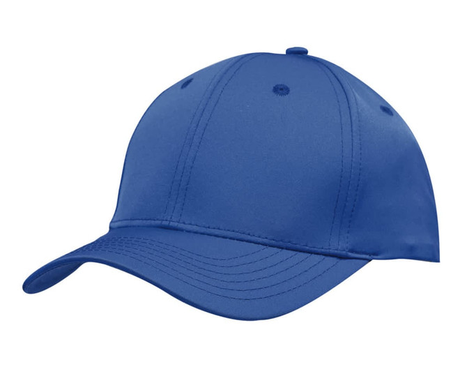 A blue cap with a curved brim and a fitted crown, featuring a logo or branding on it.