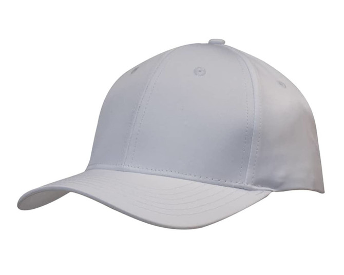 A white sports cap with a curved brim and a blank front panel, featuring ventilation holes. It has a logo on the side.