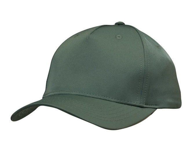 A green premium twill cap with a smooth finish and a structured design. It features a logo on the side.