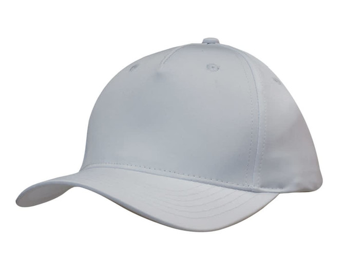 A white sports cap featuring a curved peak and a smooth fabric design, with a logo on the front.