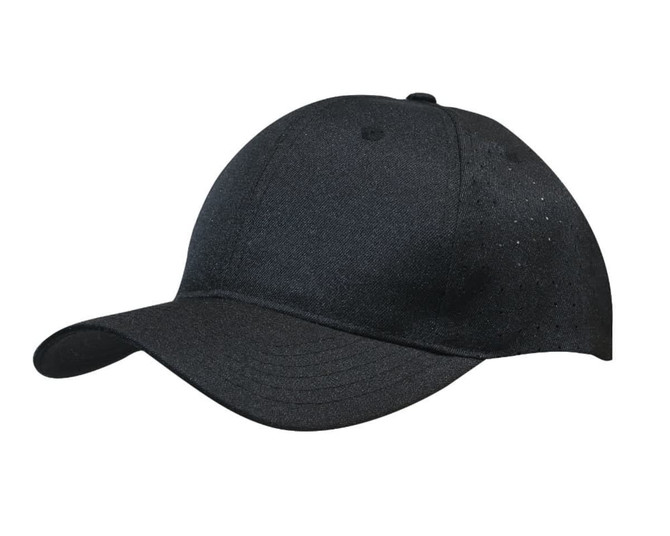 A black cap featuring breathable poly twill fabric with circle perforations and a rounded peak. Includes a logo.