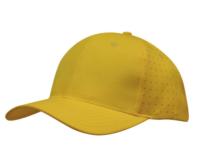 A yellow cap featuring breathable poly twill fabric with circle perforations and a logo on the front.