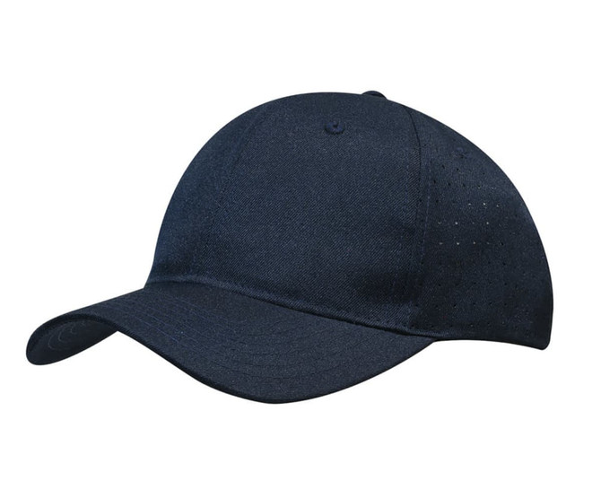A navy blue cap featuring breathable poly twill with circle perforations and a subtle logo on the side.