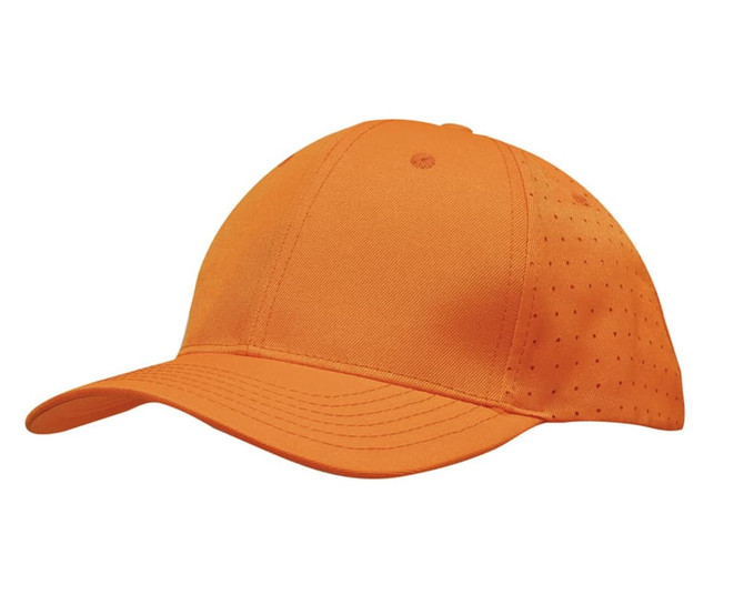 An orange cap with circle perforations and a brand logo on the side.