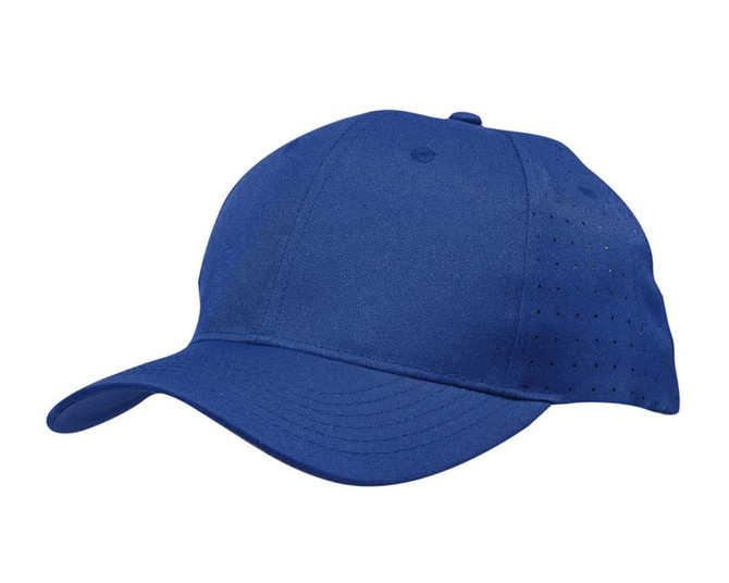 A blue cap featuring breathable poly twill material with circle perforations and a curved brim. It has a logo.