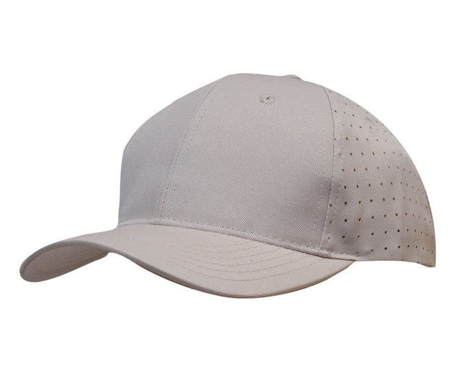 A cap in light grey featuring breathable poly twill fabric with circle perforations and a logo on the side.