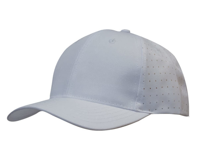 A white cap with circle perforations on the side and a curved brim. It features a logo.