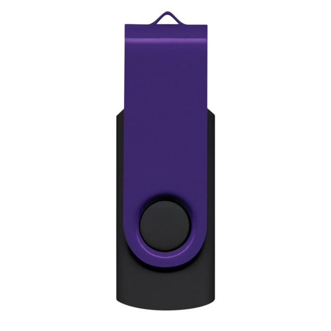 A purple and black Helix 16GB flash drive with a swivel design and a circular button.
