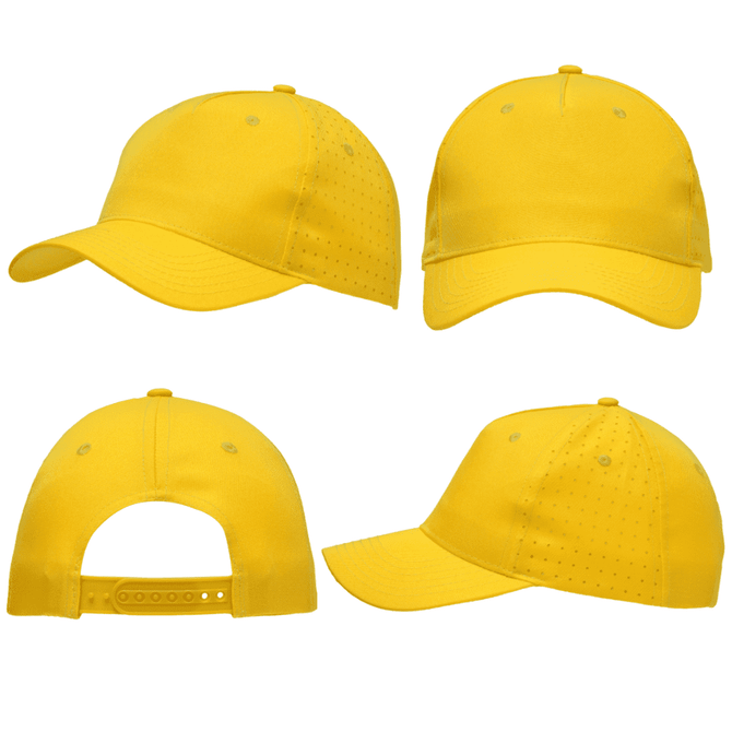 A yellow cap with circular perforations, featuring a curved brim and adjustable strap at the back.
