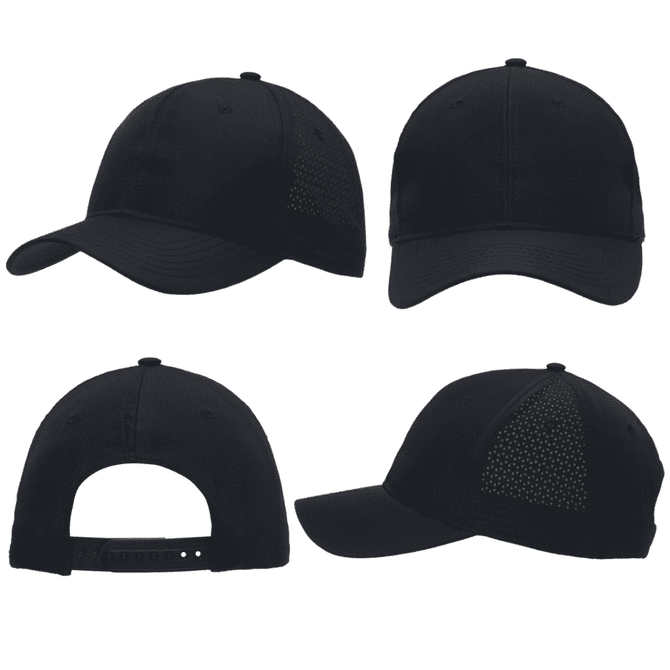 A black cap featuring triangle perforations on the sides and a rear adjustable strap. Includes branding.