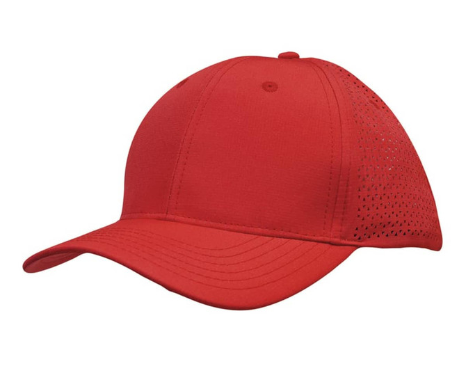 A red cap with triangle perforations on the side and a curved brim. It features a logo on the front.