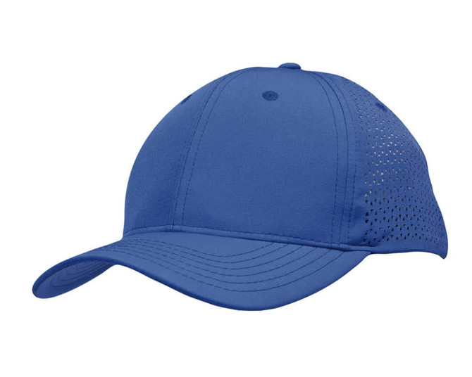 A blue cap featuring triangle perforations on the side, with a curved brim and a stitched design.