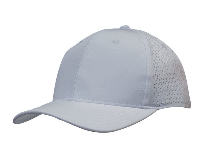 A white cap with triangle perforations on the sides and a branded logo.