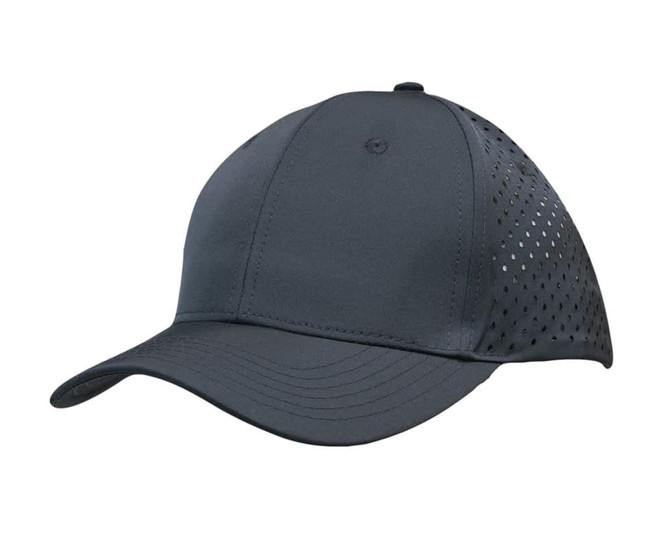 A dark grey sports cap featuring tear drop perforations and a curved brim with a logo.