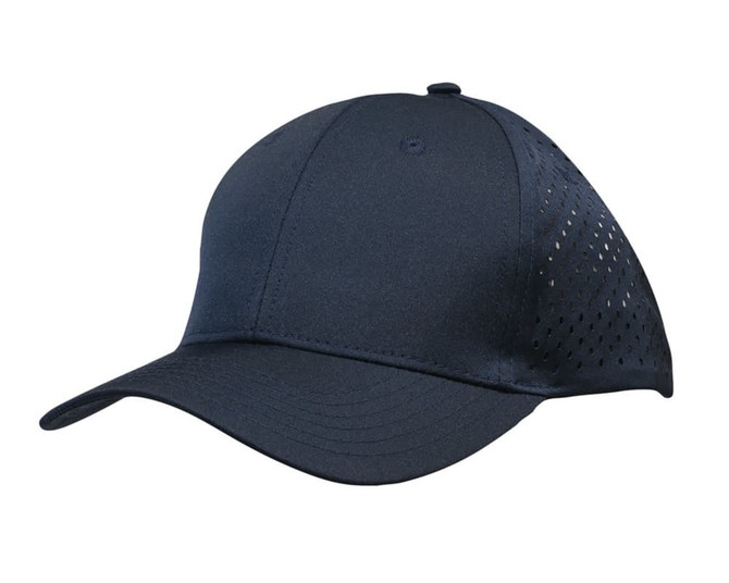A navy cap featuring tear drop perforations on the sides and a curved brim. It has a logo on the front.