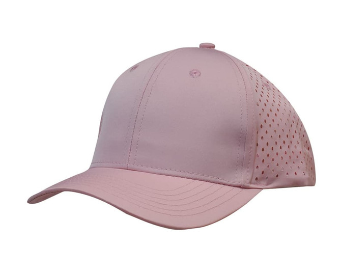 A pink sports cap featuring perforations on the sides and a curved brim. It has a logo on the front.