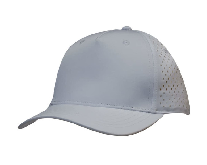 A white sports cap featuring tear drop perforations for ventilation and a logo on the side.
