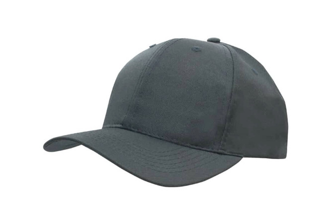 A dark grey cap with a curved brim and six panels, featuring a logo on one side.