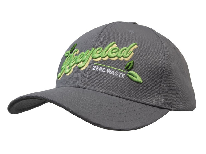 A grey twill cap featuring a logo and embroidered text in green and white. The cap has a curved peak.
