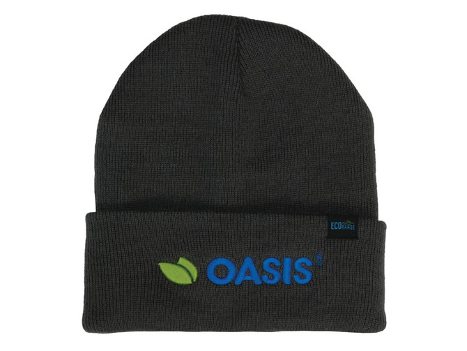 A recycled roll-up beanie in dark grey featuring a logo and green and blue accents.