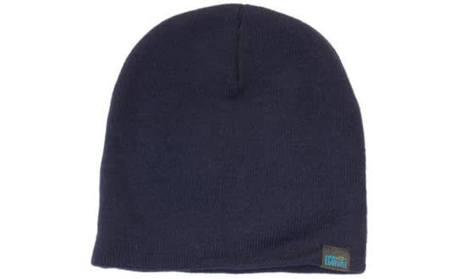 A navy blue beanie with a roll-down design and a small logo tag.