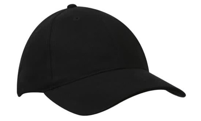 A black organic brushed heavy cotton cap featuring a curved peak and a structured design, with a logo on the front.